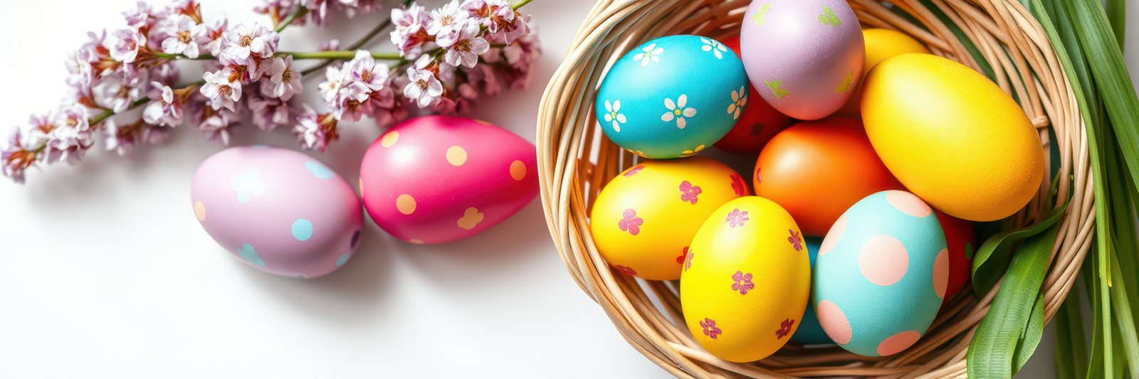 Colorful Easter eggs in a basket with flowers and greenery during spring celebration